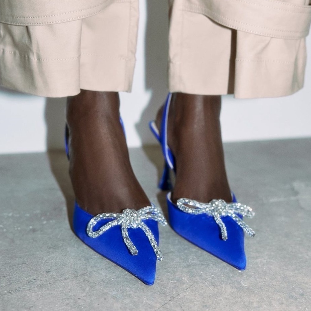 Zara Blue Satin Heels with Silver Bow